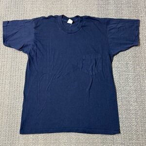 Vintage 80s Sears Blank Pocket‎ Tee Navy Blue Minimalist Single Stitch Small